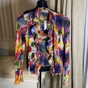 CAELIANN Pleated Stretch Open Front Cropped Printed Jacket Bright Multicolor M